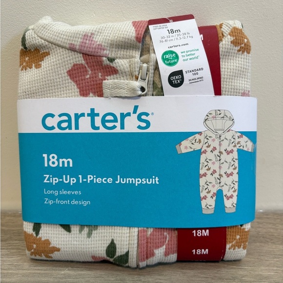 Carter's Floral Zip Front Hoodie Thermal Jumpsuit Size | 18M - Picture 2 of 6
